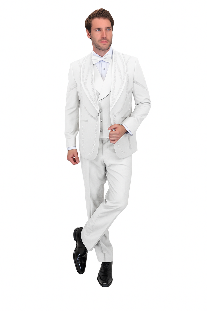 Alberto Nardoni white wool tuxedo: structured blazer with peaked lapels, silver vest, straight-cut trousers, modern fit. Includes a white bow tie and glossy black shoes.
