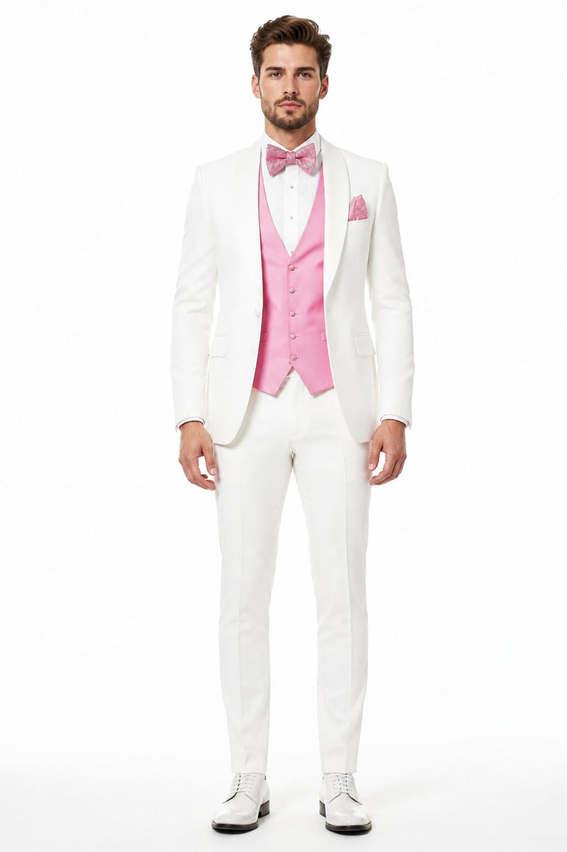 White and Light Pink Tuxedo Wedding Suit - White Dinner Jacket + Vest + Pants + Bow-tie
