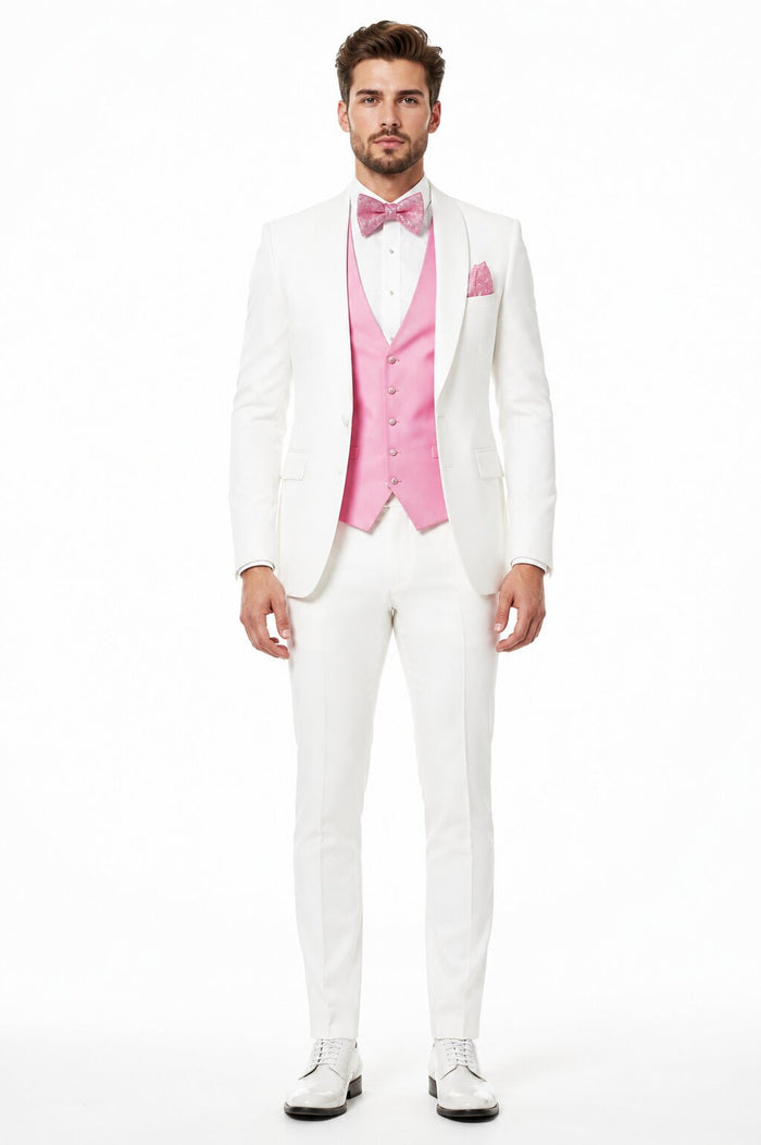 White and Light Pink Tuxedo Wedding Suit - White Dinner Jacket + Vest + Pants + Bow-tie