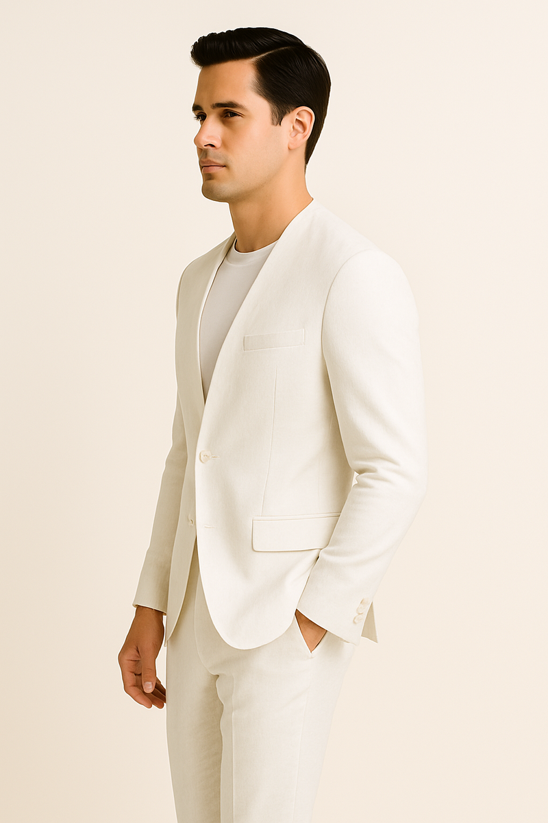 White linen suit: collarless blazer, slim fit, structured shoulders, single-button closure. Matching tailored pants. Elegant and breathable.
