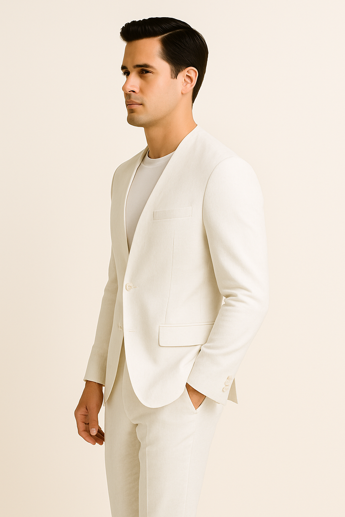 White linen suit: collarless blazer, slim fit, structured shoulders, single-button closure. Matching tailored pants. Elegant and breathable.
