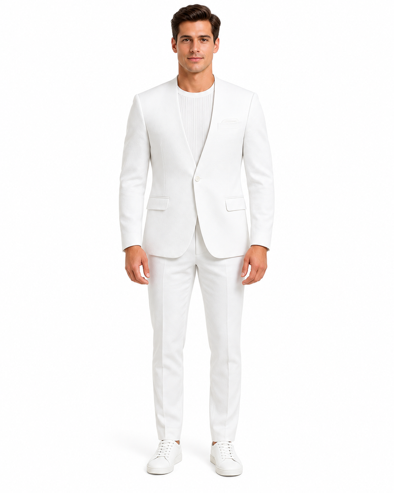 White Linen Suit For Summer - Collarless Blazer and Pants Collarless Lapel - No Lapel Casual!