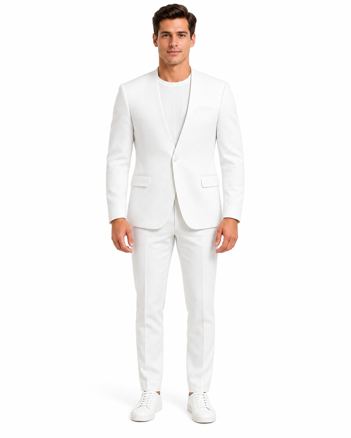White Linen Suit For Summer - Collarless Blazer and Pants Collarless Lapel - No Lapel Casual!