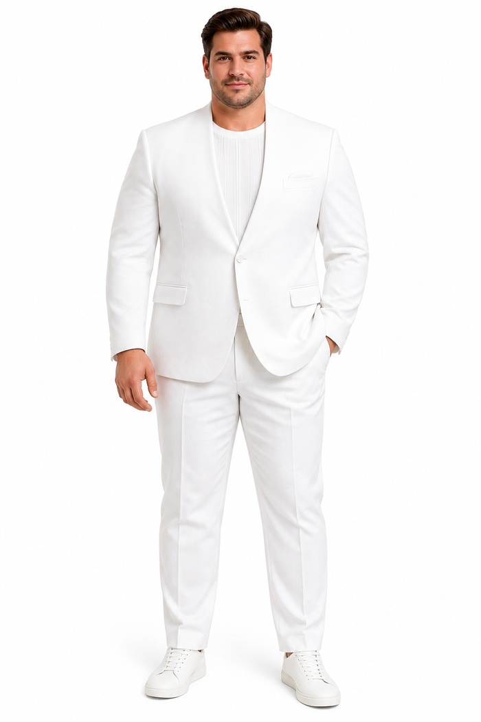 White Linen Suit For Summer - Collarless Blazer and Pants Collarless Lapel - No Lapel Casual!