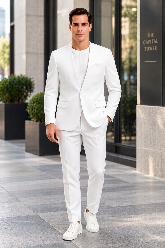 White Linen Suit For Summer - Collarless Blazer and Pants Collarless Lapel - No Lapel Casual!