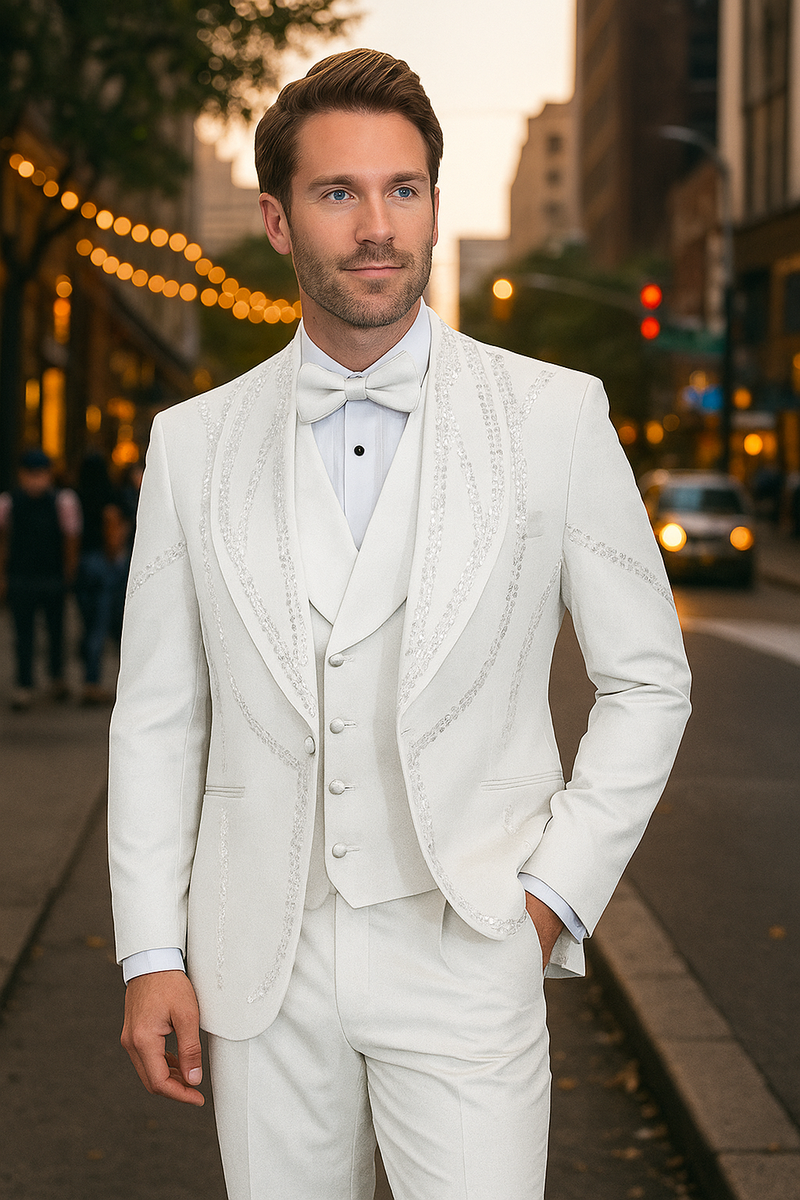 Alberto Nardoni Italian wool 3-piece white tuxedo. Modern fit, single-breasted jacket, vest, slim trousers. Features embroidered detailing, smooth wool sheen, peaked lapels. Includes bow tie and black shirt.