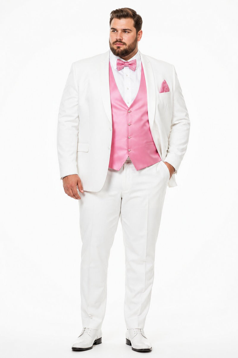 White and Light Pink Tuxedo Wedding Suit - White Dinner Jacket + Vest + Pants + Bow-tie