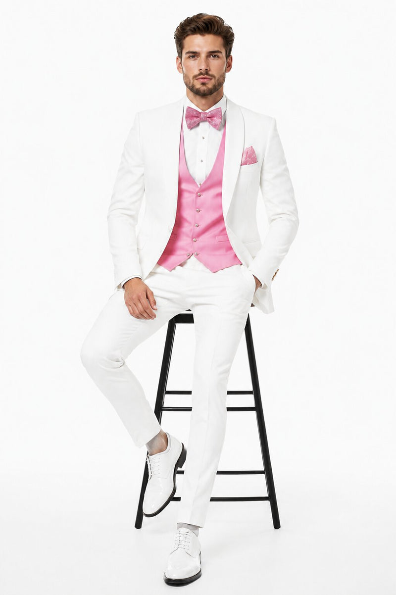 White and Light Pink Tuxedo Wedding Suit - White Dinner Jacket + Vest + Pants + Bow-tie