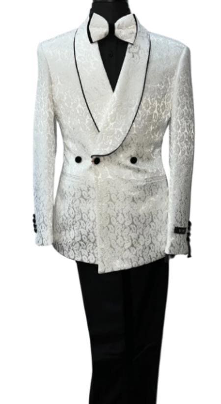 White Prom Suit Mens Paisley Pattern Suit White And Black - AlbertoNardoniStore