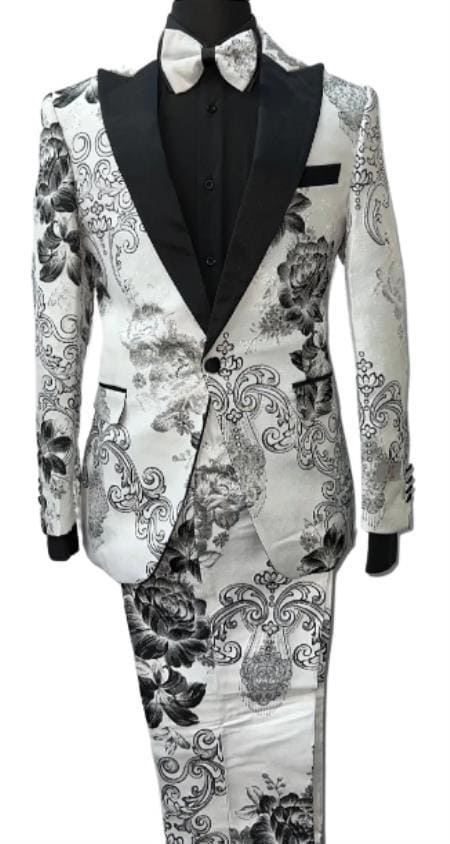 White Prom Suit Mens Paisley Pattern Suit White And Black - AlbertoNardoniStore