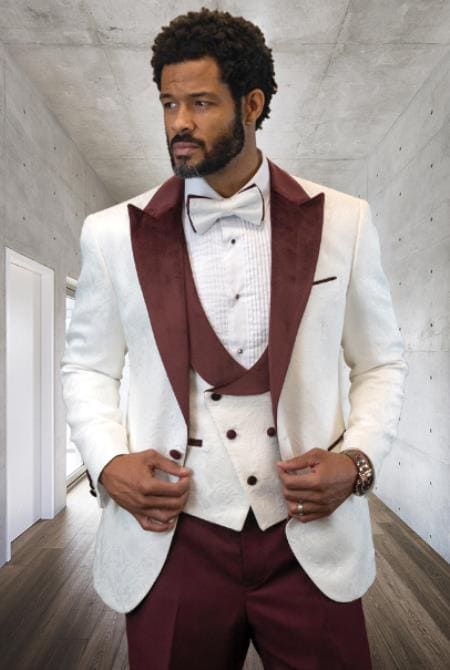 White Prom Suit Two Toned Tuxedo With Matching Tuxedo - White And Burgundy - AlbertoNardoniStore