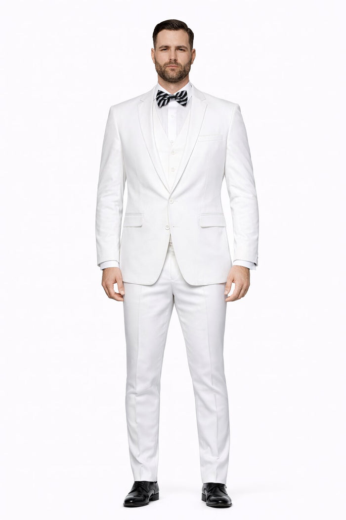 Men’s 2 Button Vested Skinny Suit in White – Modern 3-Piece Formal Ensemble