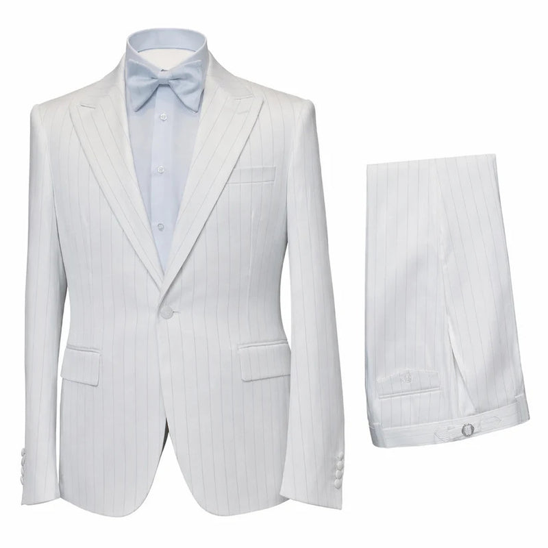 Mens Satin-Finish Pinstripe - Shiny Metallic Stripe Peak Lapel in Color White - Modern Fit By Rossiman