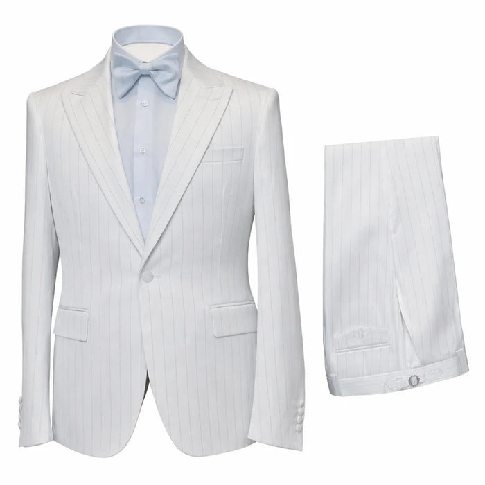 Mens Satin-Finish Pinstripe - Shiny Metallic Stripe Peak Lapel in Color White - Modern Fit By Rossiman