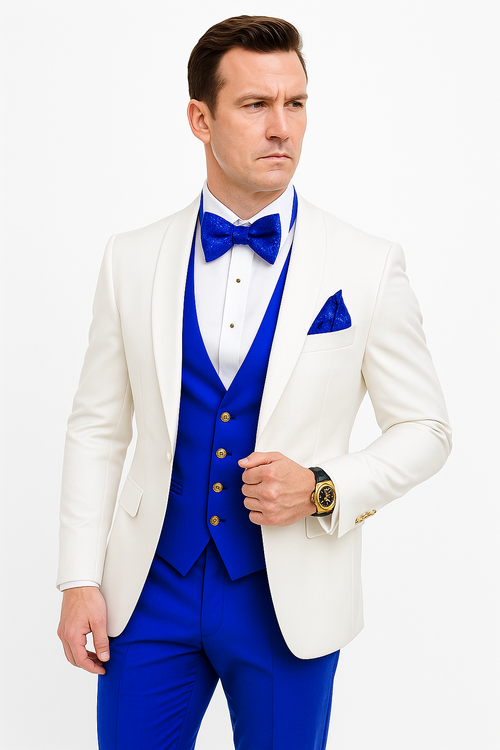 White and Royal Blue Tuxedo Wedding Suit - White Dinner Jacket + Vest + Pants + Bow-tie