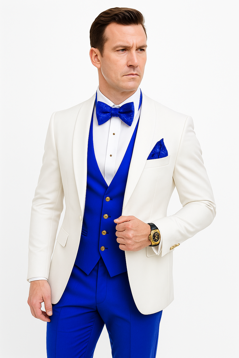 White and Royal Blue Wedding Suit – White Dinner Jacket, Vest, Pants & Bow Tie