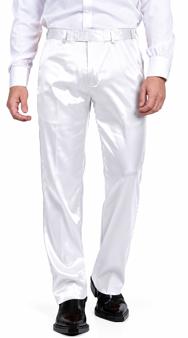 Mens Shiny Stretch Pants Solid Color Slim Fit Sateen Flashy Metallic Slacks in Color "White"