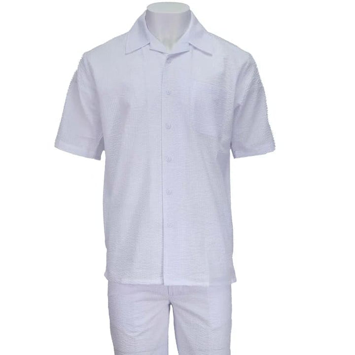 Alberto Nardoni white seersucker 2pc set. Includes short-sleeve button-up shirt with collar, two pockets, and matching shorts. Textured, puckered fabric.