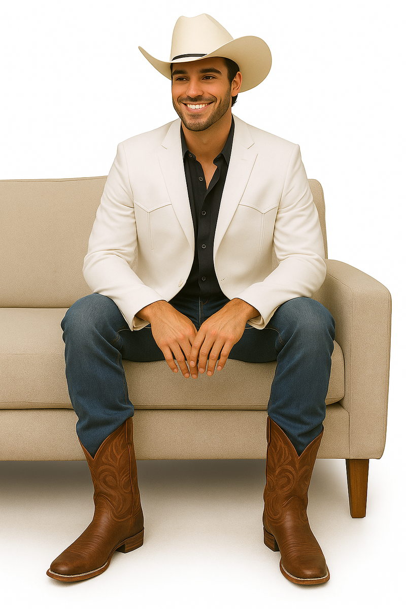 Men's white western blazer with double-button closure. Tailored fit, front pockets, and smooth, likely cotton blend fabric. Features a notch lapel, ideal for western outfits.
