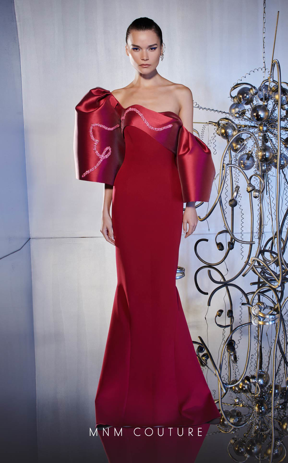 MNM Couture E0030 Strapless Blue Gown with Sculpted Sleeve