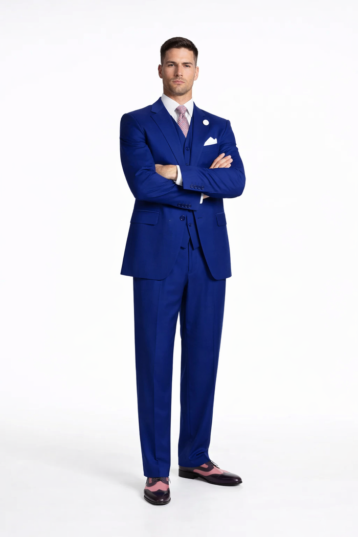 Wide Leg Pleated Pants Pants - 100% Wool Suit - Double Breasted Vest Peak Lapel - Classic Fit Suit - Vested Suit - Royal