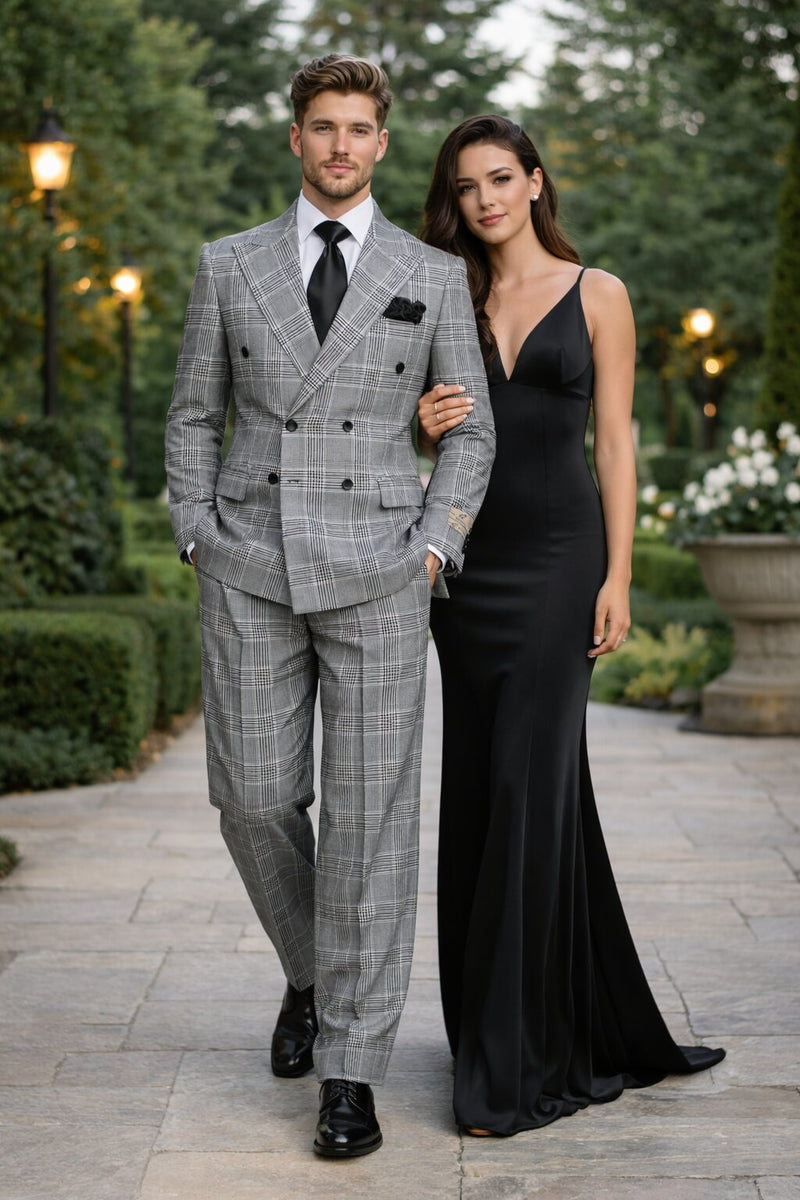 Suits With Baggy Pleated Pants - Wide Leg Pants 100% Wool - Classic Fit in Black and White Plaid Color by Rossiman