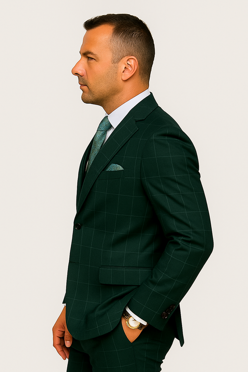 Hunter Green Plaid Suit - Windowpane Pattern Modernt Fit in Dark Green With Vest