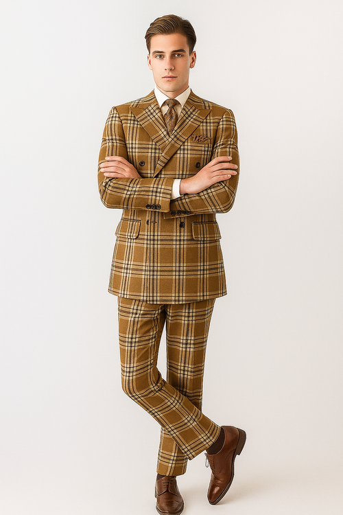 "Men's Double Breasted Wool Suit, Three Quarter Length, Tan & Brown Windowpane Plaid"