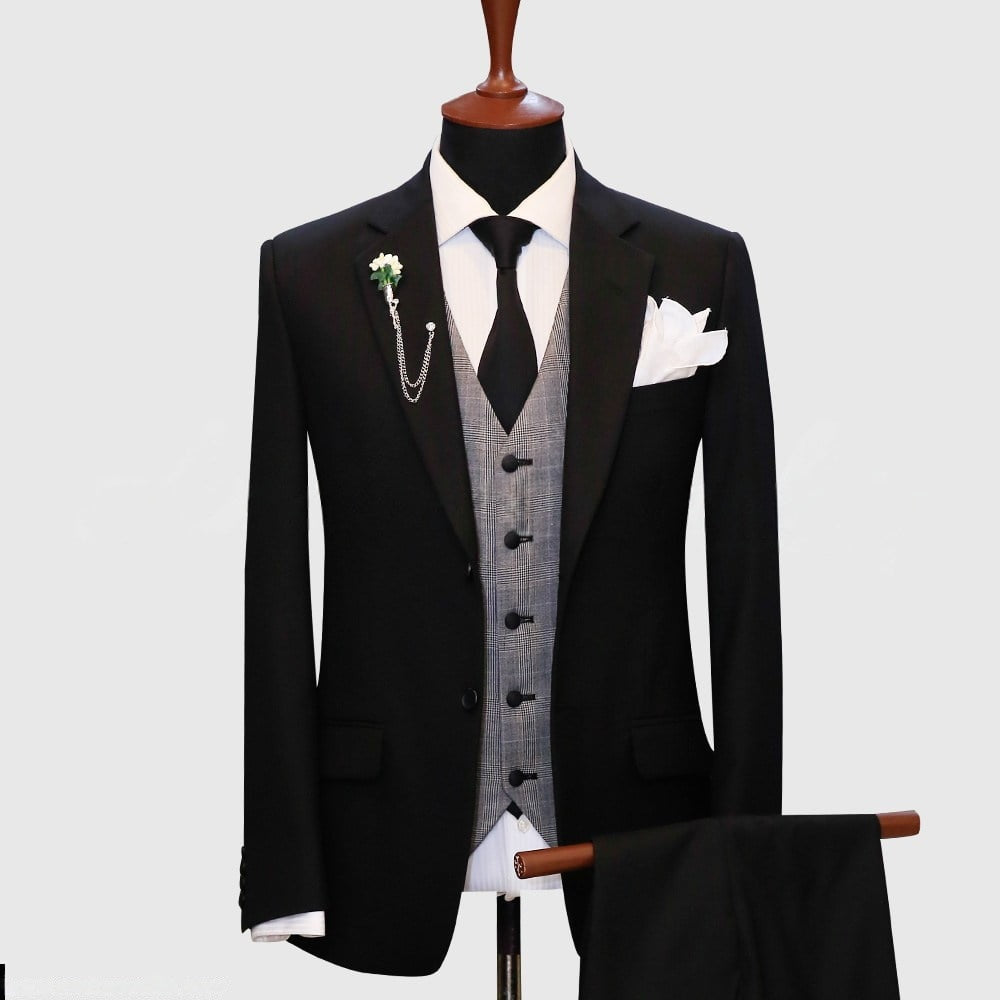 Black Suit With Gray Plaid Vest - 100% Wool Fabric - Slim or Modern Fit - Classic Fit