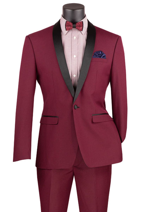 Burgundy Men's Slim Fit Tuxedo with Shawl Collar