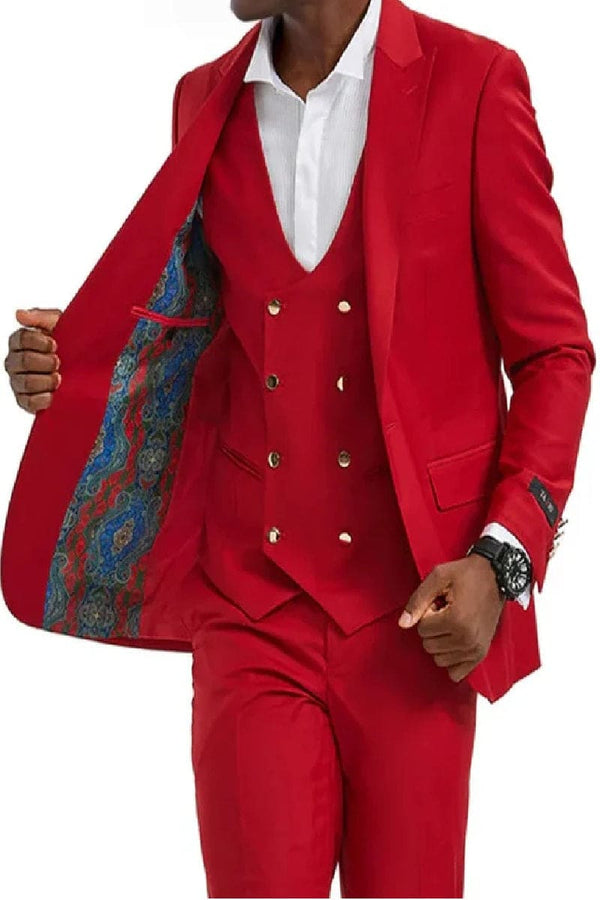 "Red Men's Suit with Gold Buttons - One Button Peak Lapel Vested"