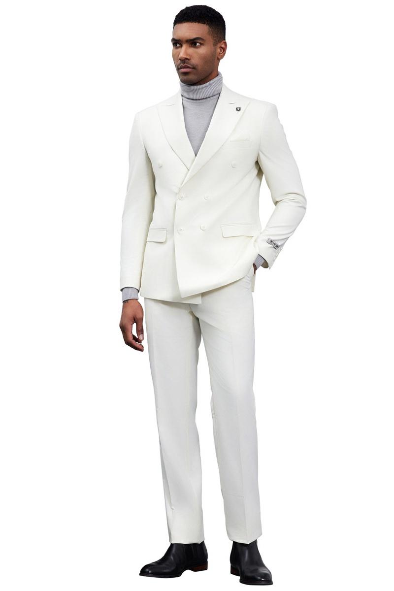 Ivory Stacy Adams double-breasted suit: structured jacket with sharp lapels, tailored fit. Straight-leg trousers. Smooth, ivory material. Clean, modern aesthetic.
