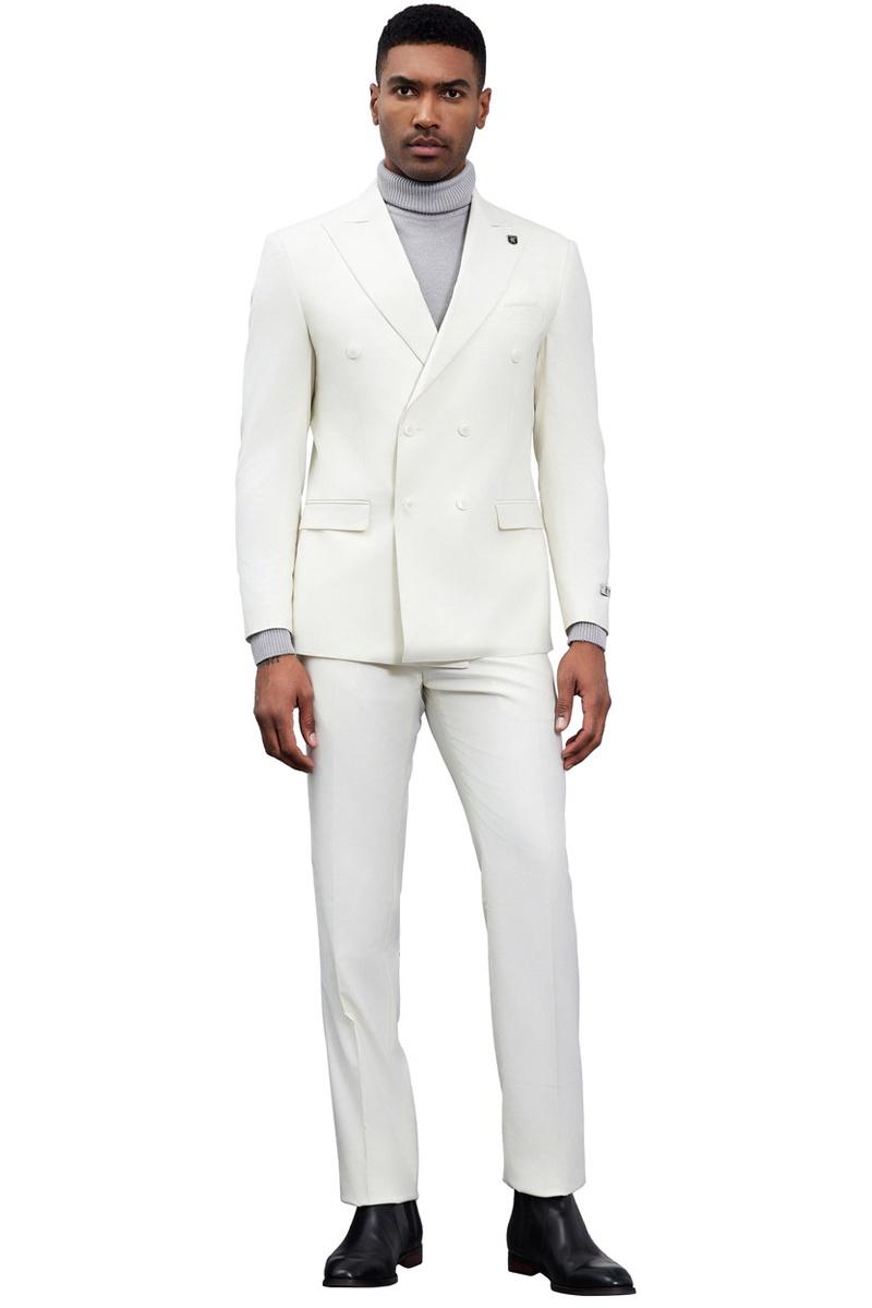 Ivory Stacy Adams double-breasted suit: tailored silhouette, light-colored fabric. Features a double-breasted jacket with notched lapels & button rows, paired with straight-cut trousers.
