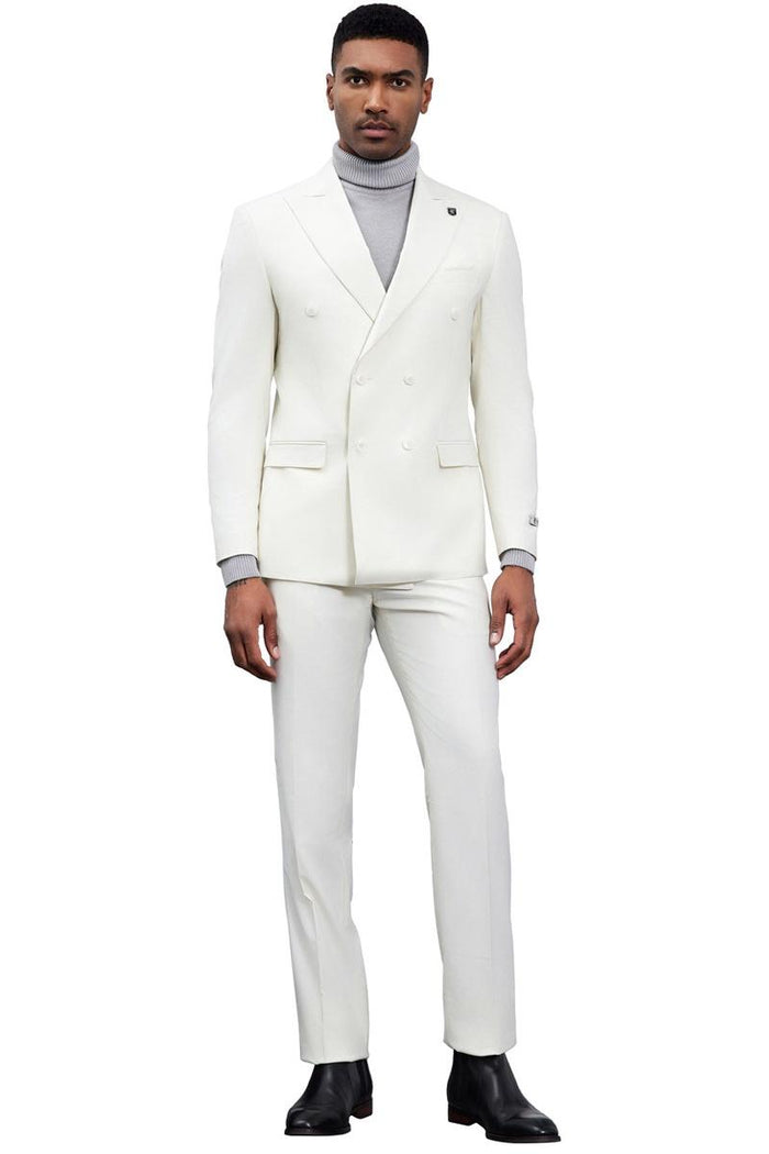 Ivory Stacy Adams double-breasted suit: tailored silhouette, light-colored fabric. Features a double-breasted jacket with notched lapels & button rows, paired with straight-cut trousers.
