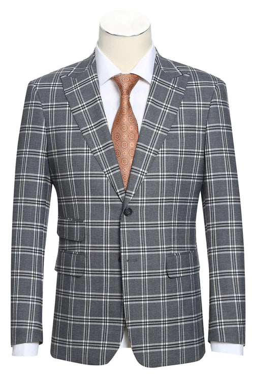 English Laundry men's slim fit suit in grey windowpane plaid. Features peak lapels, single-button closure, and two front pockets. Sleeves extend to the wrists, showcasing a white shirt.
