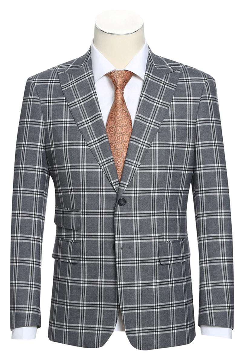 English Laundry men's slim fit suit in grey windowpane plaid. Features peak lapels, single-button closure, and two front pockets. Sleeves extend to the wrists, showcasing a white shirt.
