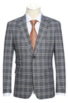 Mens Designer Slim Fit Peak Lapel Suit in Grey Windowpane Plaid