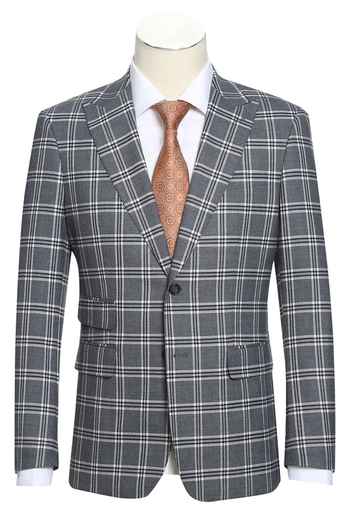 English Laundry men's slim fit suit in grey windowpane plaid. Features peak lapels, single-button closure, and two front pockets. Sleeves extend to the wrists, showcasing a white shirt.
