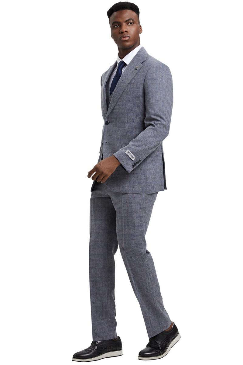 The men's Stacy Adams modern fit vested suit is light grey with a micro check plaid pattern. It features a single-breasted jacket with notch lapels and matching trousers.