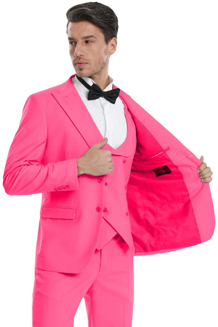 "Fuchsia Pink Men's Wedding & Prom 2026 Suit - Two Button Vested Peak Lapel"