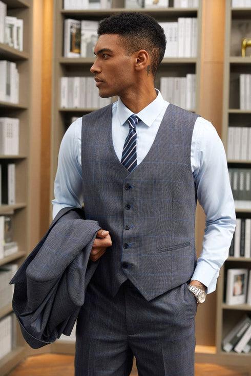 "Mens Stacy Adams Suit - Stacy Adams Suit Men's Grey & Blue Windowpane Plaid Suit - One Button Vested Peak Lapel"