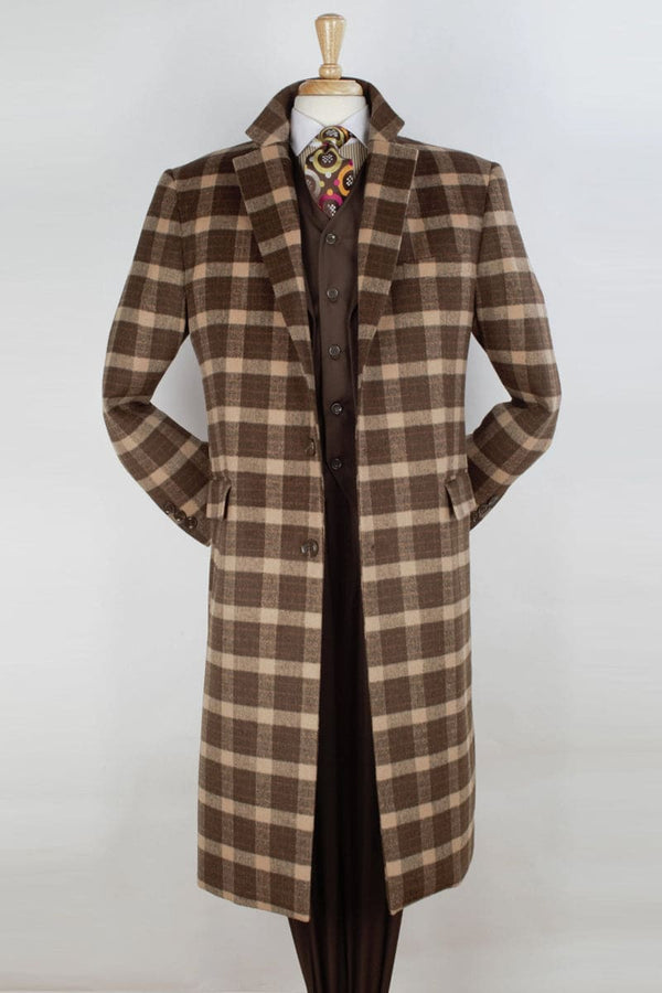 "Wool Dress Overcoat for Men - Full Length Brown Windowpane Pattern"