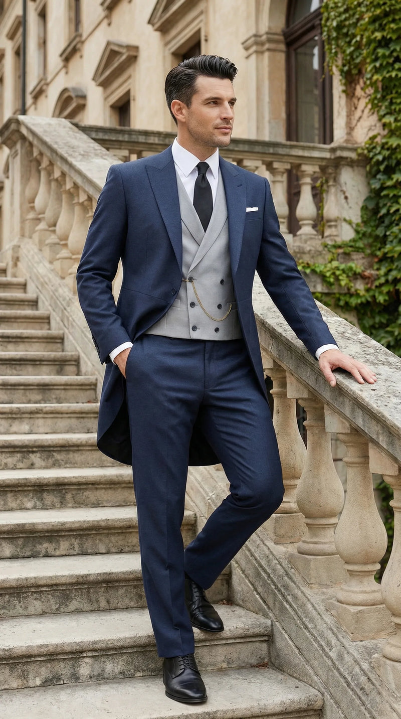 Men’s Navy Blue Three-Piece Formal Suit – Cutaway Blazer and Trousers for Wedding Tailcoat