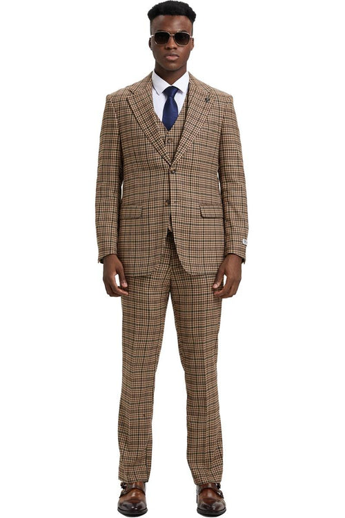 Men's Stacy Adams Vested Modern Fit Houndstooth Glen Plaid Suit in Camel & Green