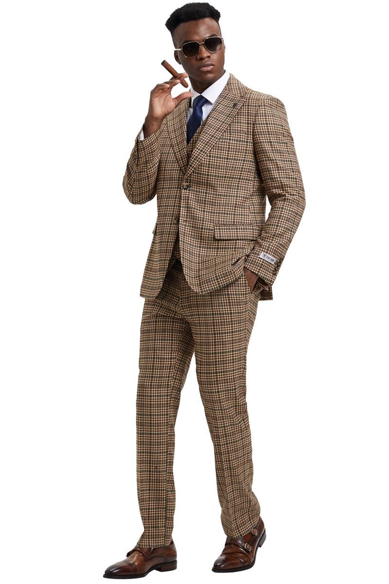 Camel green Stacy Adams men's suit with houndstooth & glen plaid. Modern fit, single-button jacket, notched lapels, two pockets. Straight-leg pants. Matching vest. Textured fabric.
