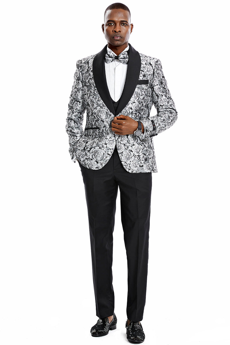 "Silver Men's Slim Fit Paisley Floral Prom 2026 Tuxedo - One Button Vested"