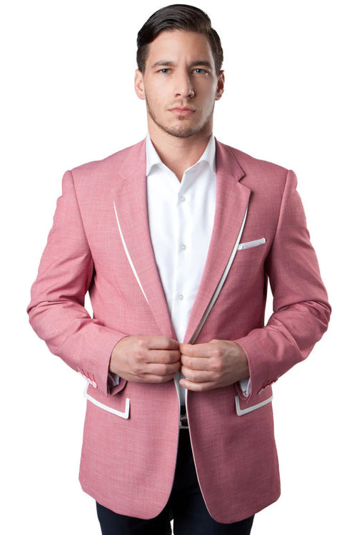 Menâ€™s White Pink Tuxedo One Button Summer Blazer with Trim