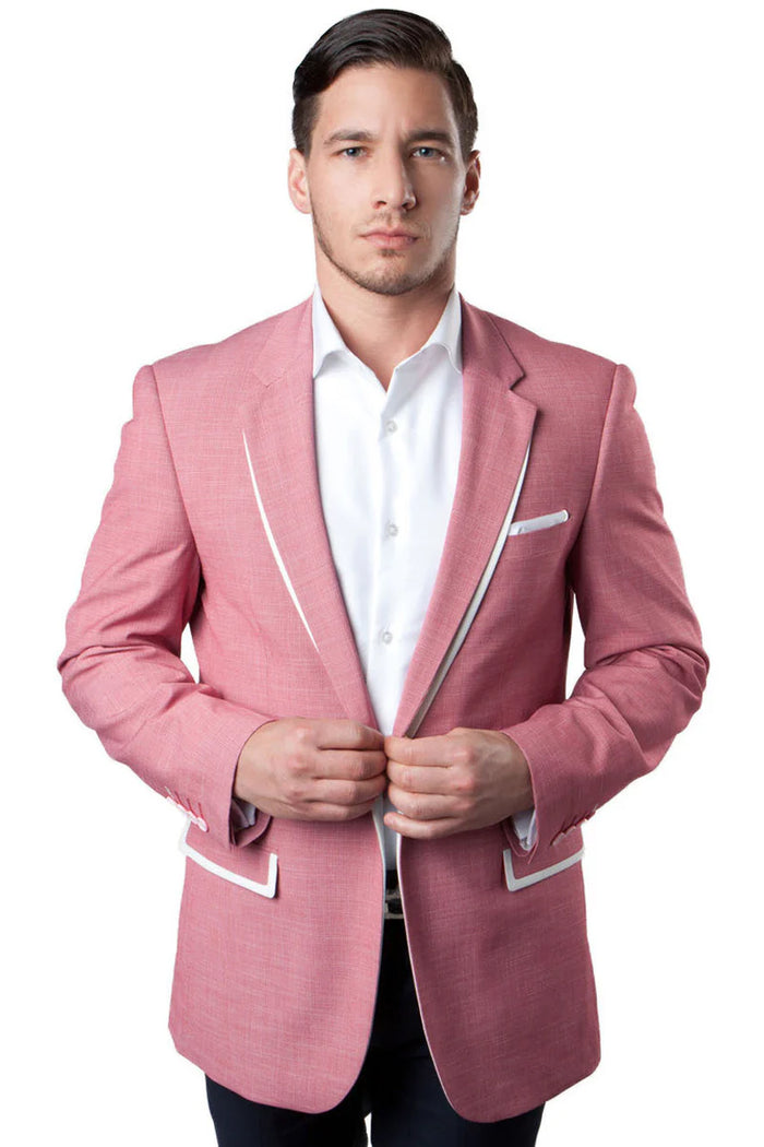 Mens White Pink Tuxedo One Button Summer Blazer with Trim