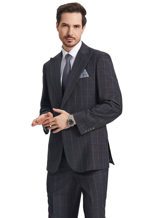 The men's Stacy Adams suit features a peaked lapel in charcoal grey with a windowpane plaid pattern, complemented by a scoop neck vest. The fabric appears to be a woven material with a smooth finish.