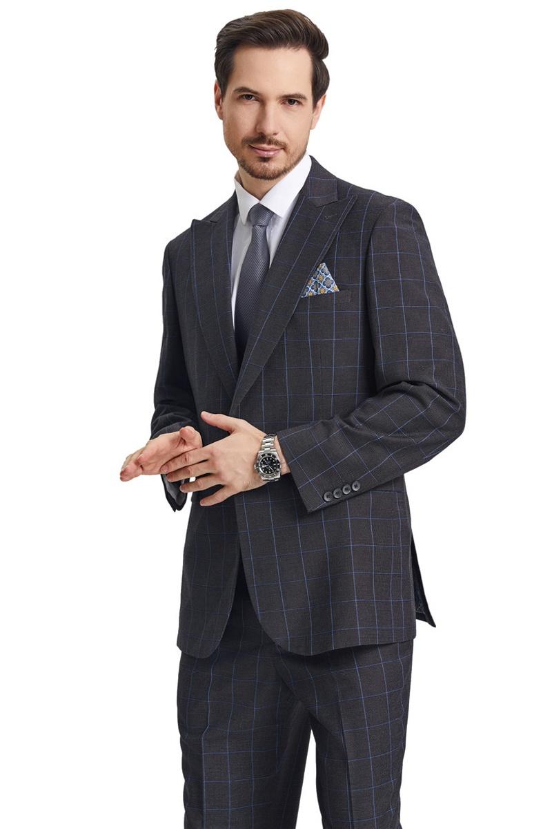 Men's Stacy Adams Peak Lapel Charcoal Grey Windowpane Plaid Suit with a Scoop Neck Vest